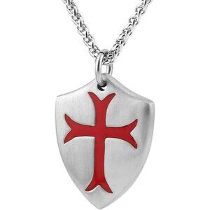 Silver Knights Cross Joshua 1:9 Shield Steel Pendant Necklace w 22+2 inch Chain